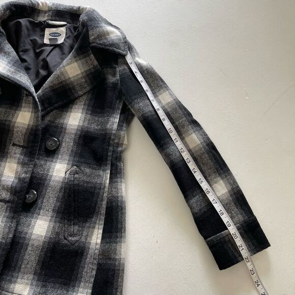 Old Navy black cream plaid winter pea coat double breasted xs small - Picture 8 of 10